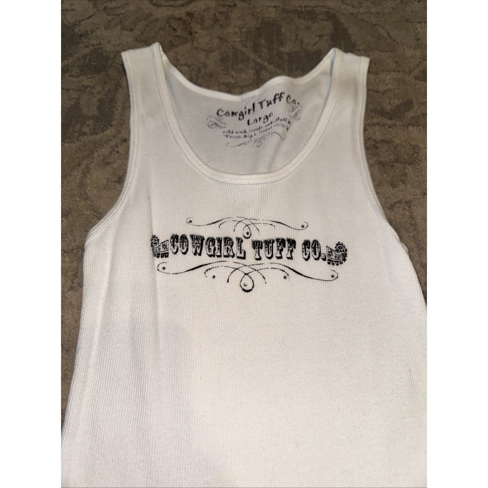 Cowgirl Tuff White Tank Top Shirt Womens Sz Large slim Fit Stretch - Picture 2 of 4